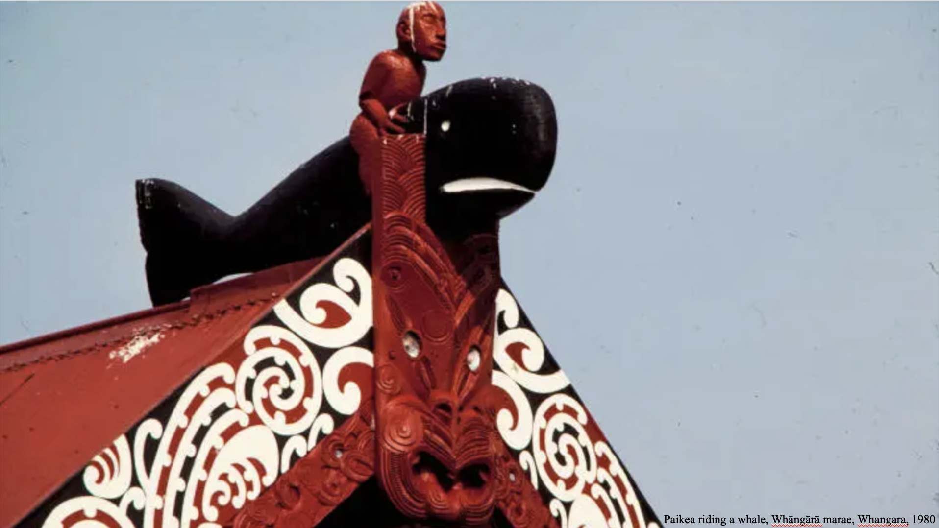 Paikea riding a whale, Whāngārā marae, Whangara, 1980