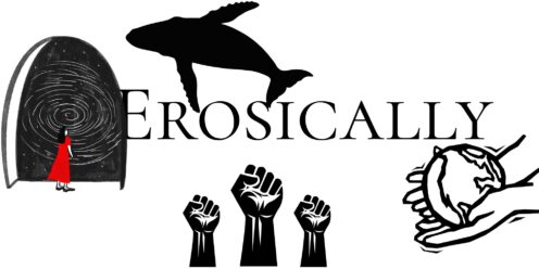 a whale, hands in protest, a person in front of a door opening into a spiral, hands holding an earth