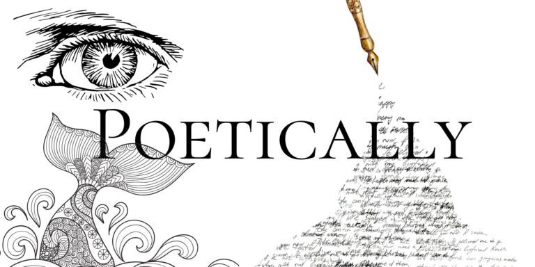 an eye, a pen with lots of words coming out, a tale of a whale