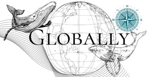 a whale, a globe, a compass, another whale