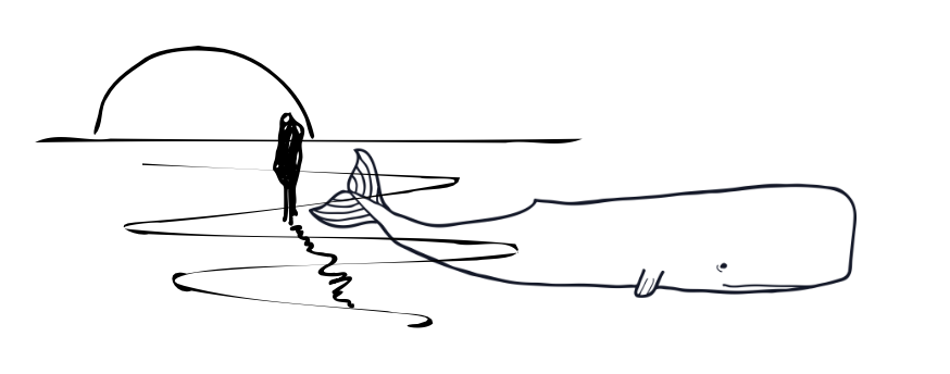 a person walking into the sun on the beach with a stranded whale