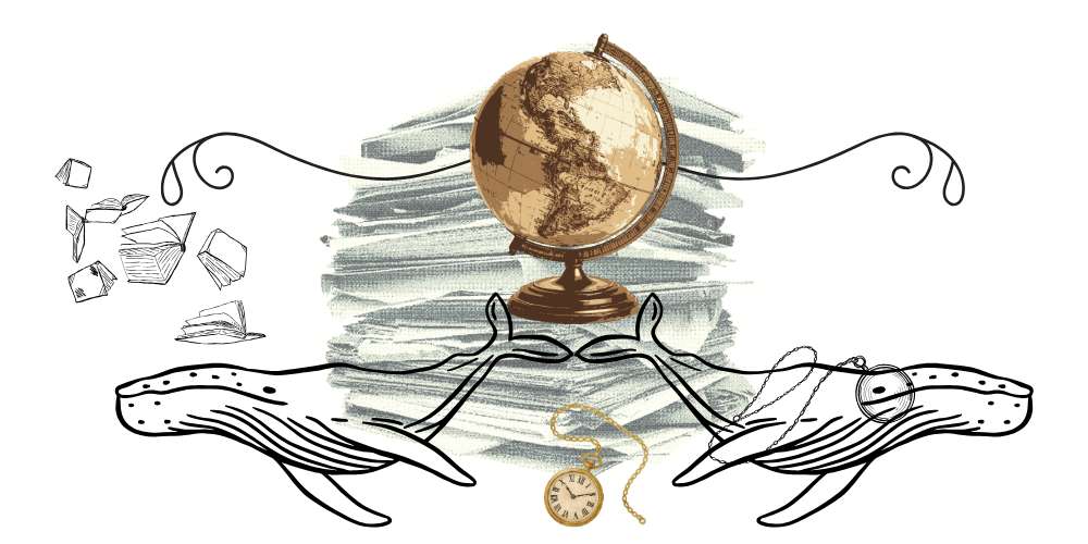 a newspaper stash, two whales, a map