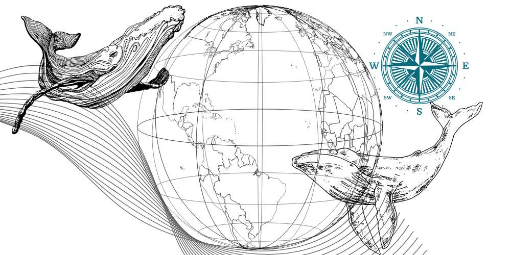 a whale, a globe, a compass, another whale