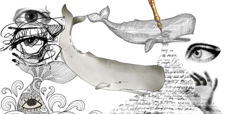 an eye, a pen with lots of words coming out, a tale of a whale