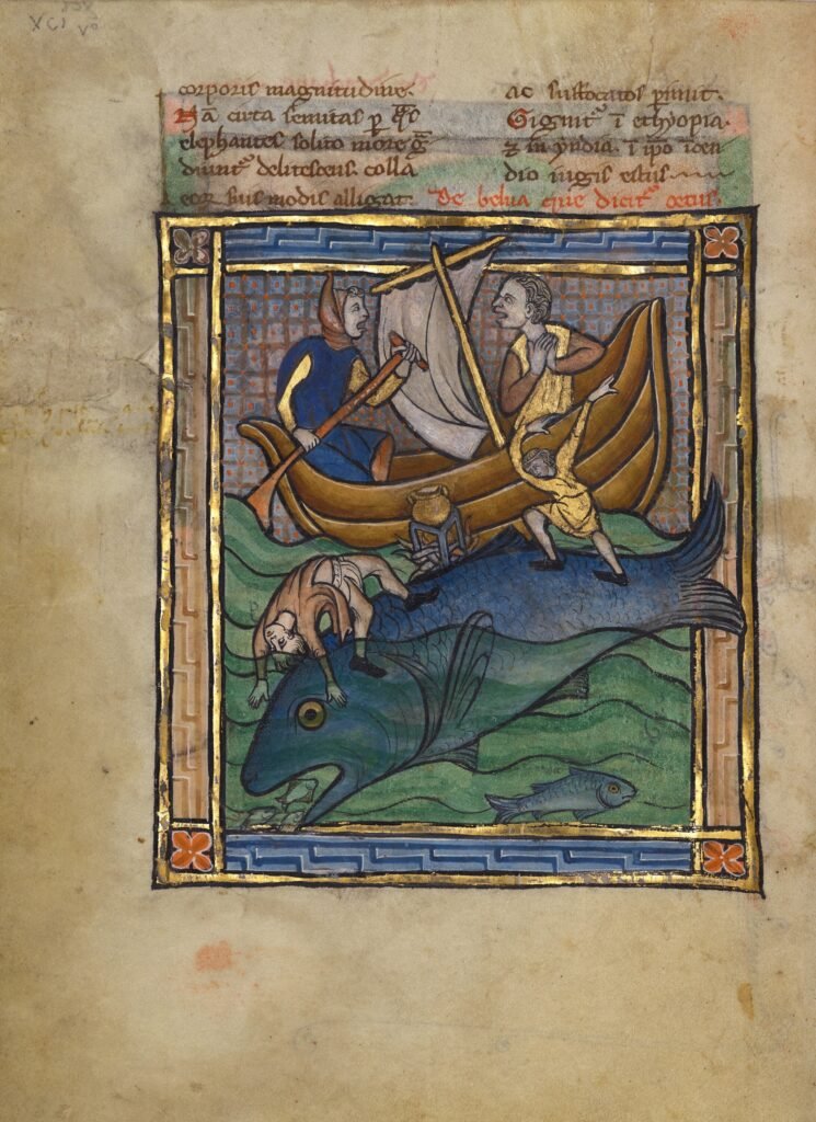Unknown artist/maker (Franco-Flemish), illuminator, A Whale, c. 1270, Tempera colors, gold leaf, and ink. Leaf: 19.1 × 14.3 cm (7 1/2 × 5 5/8 in.), The J. Paul Getty Museum, Los Angeles, Ms. Ludwig XV 3, fol. 89v, 83.MR.173.89v