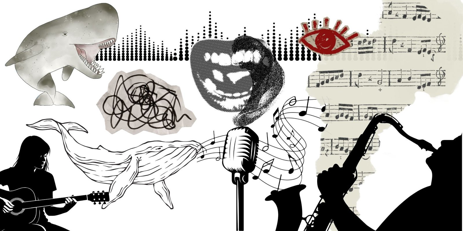 a collage with sheet music, a cachalot and humpback whales, and musicians