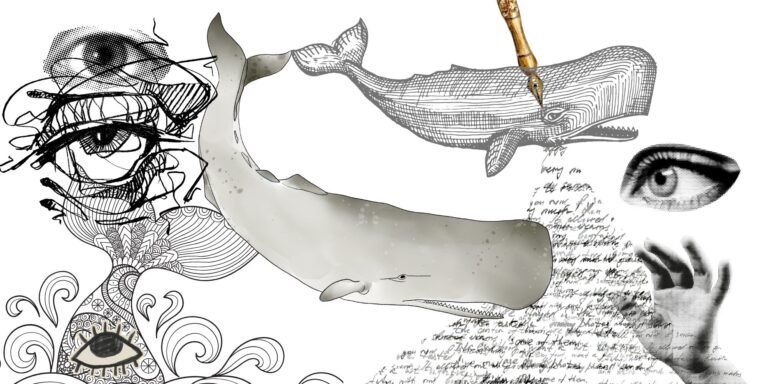 a collage with whales, and words, and eyes, and hands, and more